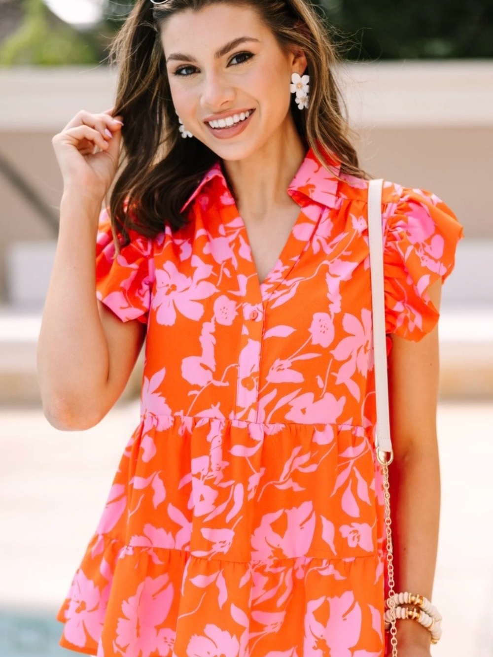Bright Orange & Pink Floral Tiered V-Neck Tunic